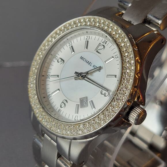 Michael Kors MK-5401 Women's Silver Gold Crystal Bezel Date Watch 36mm Tested - Picture 9 of 16